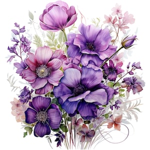 19 paarse bloemen boeket clipart, violette bloemen, afdrukbare aquarel clipart, hoge kwaliteit PNG/JPG, digitale download, Papercraft, Journal