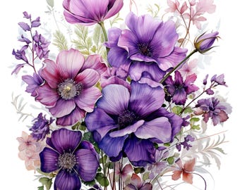19 Purple Flowers Bouquet Clipart, Violet Floral, Printable Watercolor clipart, High Quality PNG/JPG, Digital download, Paper craft, Journal