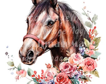 24 Floral Horses Clipart, Printable Watercolor clipart, High Quality PNGs, Digital download, Sublimation, Junk journals, Stickers