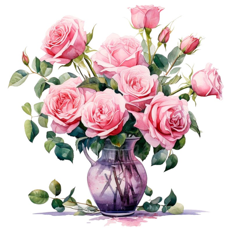 19 Roses in Vase Clipart, Pink Roses, Printable Watercolor Clipart ...