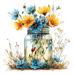 16 Blumen im Glas Clipart, Wilde Blumen Clipart, druckbare Aquarell Clipart, PNG hohe Qualität, digitaler Download, Papiermodell, Junk Journal