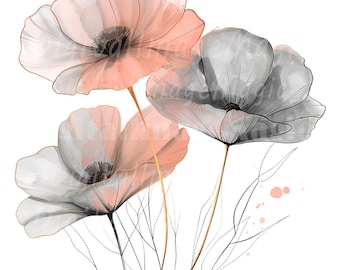 16 PNG Clipart di fiori astratti, fiori rosa grigi, clipart acquerello stampabile, PNG trasparenti, download digitale, carta artigianale, diari