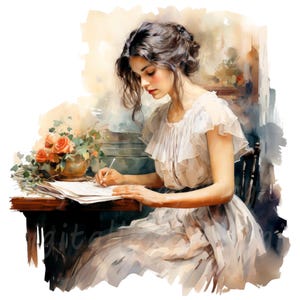 19 Clipart di donne che scrivono, Clipart di scrittori, Clipart di acquerelli stampabili, JPG/PNG di alta qualità, Download digitale, Carta artigianale, diario di scarto