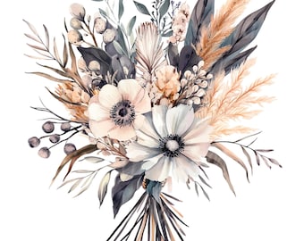 19 Boho Flowers Bouquet Clipart, Flowers Natural, Poster, Printable Watercolor clipart, High Quality PNG/JPGs, Paper craft, Junk Journals
