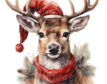 20 Deer with Santa Hat Clipart, Reindeer, Fawn, Printable Watercolor clipart, High Quality JPG/PNGs, Digital download, Paper craft, journal