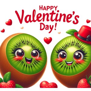 Biglietto di San Valentino con kiwi carino, amore fruttato | Biglietto regalo di San Valentino stampabile fai da te