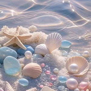 May include: A serene beach scene with clear water and sparkling sunlight. The image features seashells, starfish, and smooth, colorful stones in shades of blue, pink, and white, creating a tranquil coastal theme.