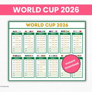 Peut inclure: Un tableau de tournoi de la Coupe du Monde 2026 avec les drapeaux des équipes et les affectations de groupe. Le titre "WORLD CUP 2026" est en blanc sur un fond rose. Un cercle rose avec "Téléchargement instantané" est en bas à droite.
