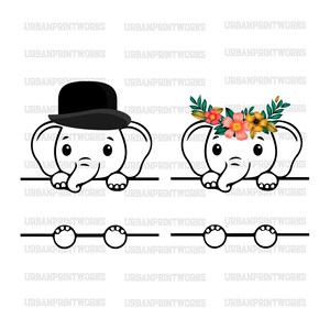 May include: Two cartoon elephants peeking over a line. The elephant on the left is wearing a black top hat. The elephant on the right is wearing a flower crown with pink, yellow, and green flowers.