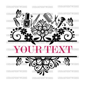 May include: Black and white design featuring a floral border with butterflies, nail polish, nail clippers, a brush, scissors, and makeup brushes. The text "YOUR TEXT" is in the center of the design.