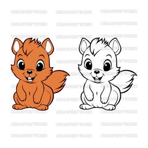 May include: A cartoon illustration of a squirrel in two versions: one colored orange and brown, and the other in black and white outline. The squirrel is sitting upright with its tail behind it.