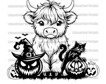 Halloween Highland Kuh SVG Png, westliche Halloween-Svg, süße Kuh Katze gruseliger Kürbis Schädel-Svg-Dateien für Cricut, Kuh Clipart, Bauernhof Tier Svg-Datei