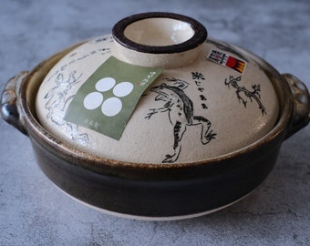 Japanese Folkore Caricature Bankoyaki Donabe Clay Pot | Handmade Choju-Giga Kozanji Painted Ceramic Cooking Pot - Gas/Oven Hotpot Nabe Stew