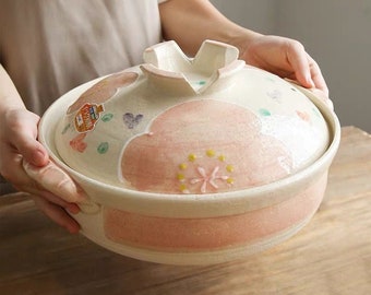 Japanese Sakura Pink Floral Bankoyaki Donabe Clay Pot | Handmade Camellia Ceramic Cooking Pot - Gas/Oven Hotpot Nabe Stew Mother's Day Gift