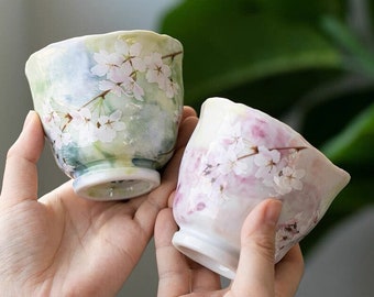 Pair of Japanese Sakura Handmade Yunomi Teacups | Spring Hanami Cherry Blossom Petal Ceramic Tumblers - Pastel Ombre Flower Tea Cup Gift Set