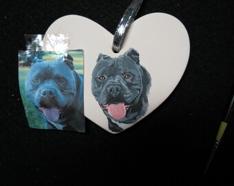 Pet Portrait or Memorial Ceramic Ornament Hand Painted and Made to Order Any Animal from Photo Pit Bull by Shannon Ivins