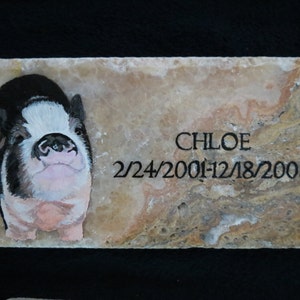 May include: A beige stone memorial with a painted image of a black and white pig. The stone is engraved with the name "CHLOE" and the dates "2/24/2001-12/18/2008".