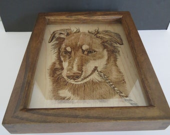 Pet Potrait Wood Burn 3-D Shadow Box Made to Order The wood panel is 8 x 10 inches. The frame is 9.25 x 11.5 inches by Shannon Ivins