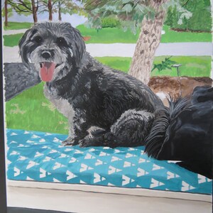 May include: A black and gray dog with a long, fluffy coat sits on a blue and white patterned cushion. The dog is looking to the right of the image and has its tongue sticking out. The dog is sitting in front of a green lawn and a tree.
