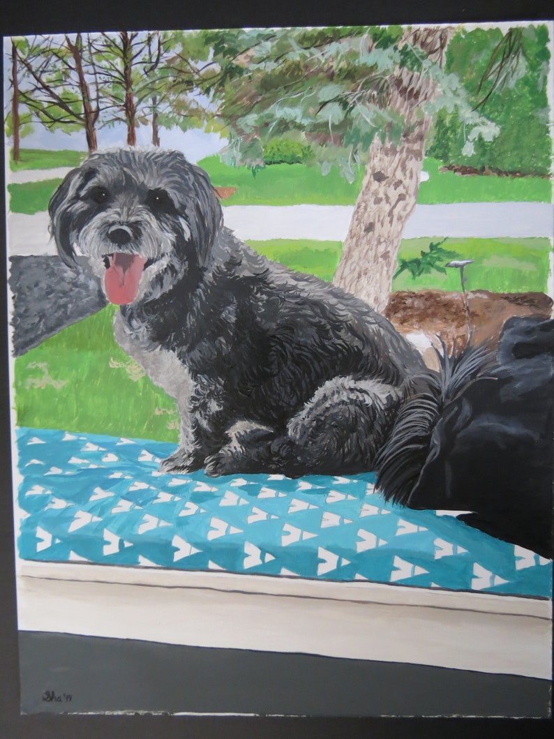May include: A black and gray dog with a long, fluffy coat sits on a blue and white patterned cushion. The dog is looking to the right of the image and has its tongue sticking out. The dog is sitting in front of a green lawn and a tree.