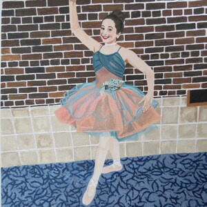 May include: A painting of a young girl wearing a pink and blue tutu, standing in front of a brick wall. She is wearing white ballet shoes and has her arm raised in the air.