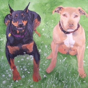 May include: A watercolor painting of two dogs sitting on a green grassy field. The dog on the left is a black and brown Doberman Pinscher, and the dog on the right is a light brown Pit Bull Terrier.