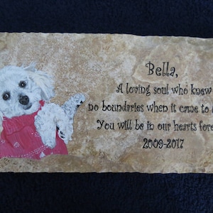 May include: A white dog with a red sweater is painted on a stone memorial. The inscription reads "Bella, A loving soul who knew no boundaries when it came to love. You will be in our hearts forever. 2009-2017."