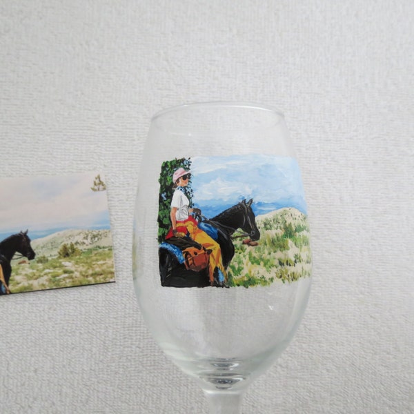 Horse and Rider Desert Hand Painted Wine Glass Made to Order using your photo I can paint anything by Pigatopia Shannon Ivins