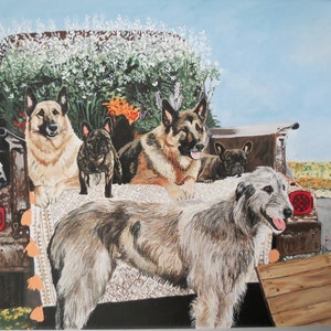 May include: A painting of four dogs in the back of a truck bed. The dogs are a German Shepherd, a greyhound, and two French Bulldogs. The truck bed is filled with white flowers.