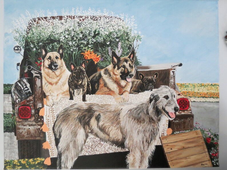 May include: A painting of four dogs in the back of a truck bed. The dogs are a German Shepherd, a greyhound, and two French Bulldogs. The truck bed is filled with white flowers.