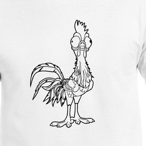 May include: Black and white line drawing of a rooster with large eyes and a surprised expression. The rooster is standing on two legs with its tail feathers spread out behind it.