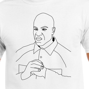 May include: Line drawing of a person with a serious expression, wearing a collared shirt and holding their hands together in front of them.