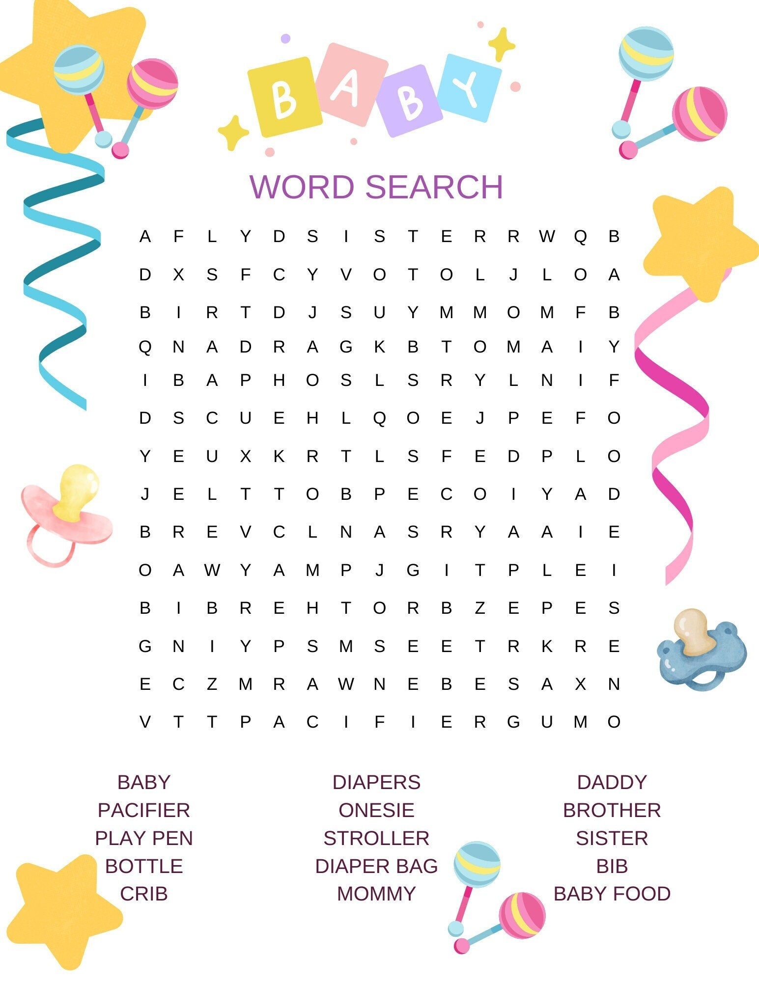 Baby Shower Word Search Printable Etsy