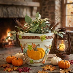 May include: A cream-coloured ceramic planter featuring a raised relief design of a central orange pumpkin, wheat stalks, and autumn leaves. The rim has a braided texture. The planter holds green foliage and is surrounded by small pumpkins and leaves.