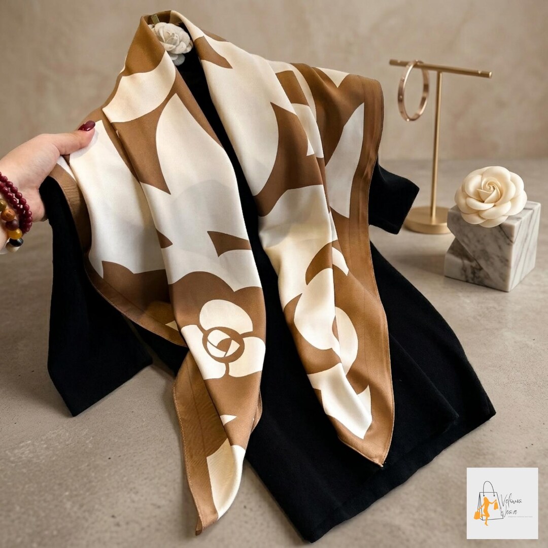 Chic Camellia Satin Twill Square Scarf Women 90x90 Cm Luxury Headscarf