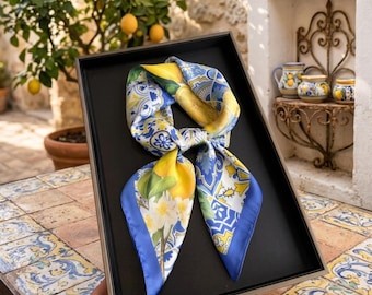 Lemon Print Polyester Satin Scarf, Elegant Square Headscarf, Women's Neck Accessory
