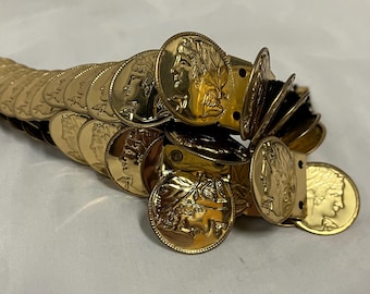 Stretch Elastic Vintage Gold Roman Coin Belt Size Relaxed 29” / Stretched 50” length