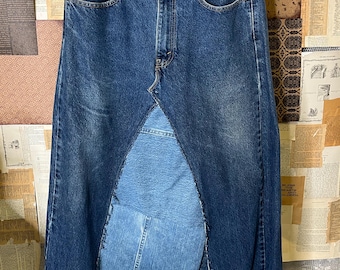 Handmade Vintage Cottagecore Denim Skirt OOAK Boho Upcycled Hippie Maxi 34” Levi’s Large