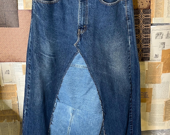 Handmade Vintage Cottagecore Denim Skirt OOAK Boho Upcycled Hippie Maxi 34” Levi’s Large