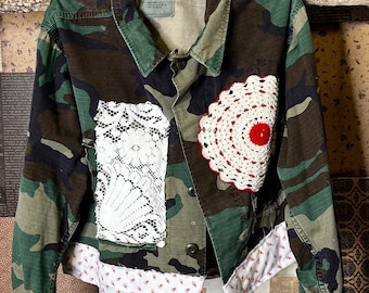 Handmade Vintage Cottagecore Camo Jacket One of a Kind OOAK Boho Upcycled Shabby Cropped  M L