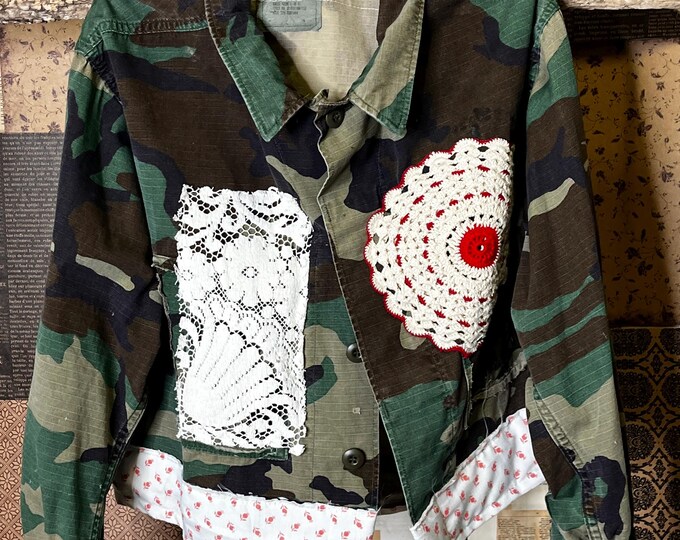 Handmade Vintage Cottagecore Camo Jacket One of a Kind OOAK Boho Upcycled Shabby Cropped  M L