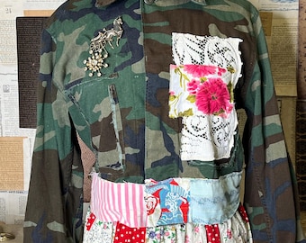 Handmade Vintage Cottagecore Camo Jacket One of a Kind OOAK Boho Upcycled Shabby Cropped  M