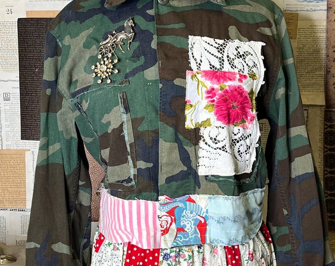 Handmade Vintage Cottagecore Camo Jacket One of a Kind OOAK Boho Upcycled Shabby Cropped  M