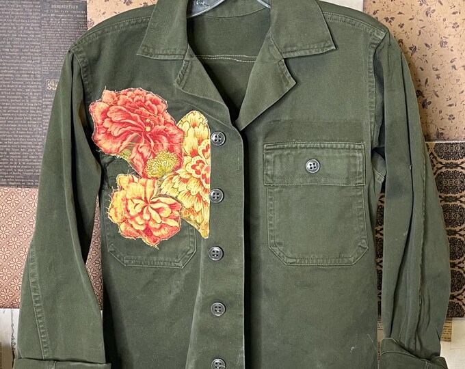 Handmade Vintage Cottagecore Camo Jacket One of a Kind OOAK Boho Upcycled Shabby Cropped  Small