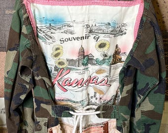 Handmade Vintage Camo Jacket OOAK One of a Kind Boho Upcycled Kansas Quilt Large L