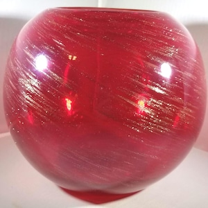 Large handblown red round bowl vase with gold swirls