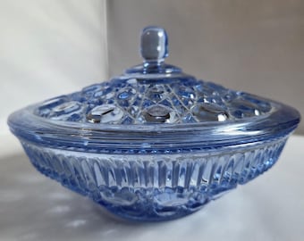 Blue candy dish w/lid Button and Cane design 'Windsor' pattern from Indiana Glass