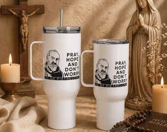Taza de viaje del Padre Pío con asa, vaso con la oración del santo católico y la fe.