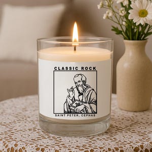 Saint Peter Cephas Candle | &quot;Classic Rock&quot; Catholic Candle | Soy Wax Glass Jar | Funny Christian Gift | Catholic Decor | Faith with Humor