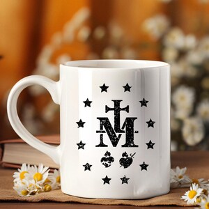 Miraculous Medal Mug – Catholic Marian Coffee Cup – Virgin Mary White Ceramic Mug – Spiritual Gift for Her – Faith Tea Mug – Catholic Gift
